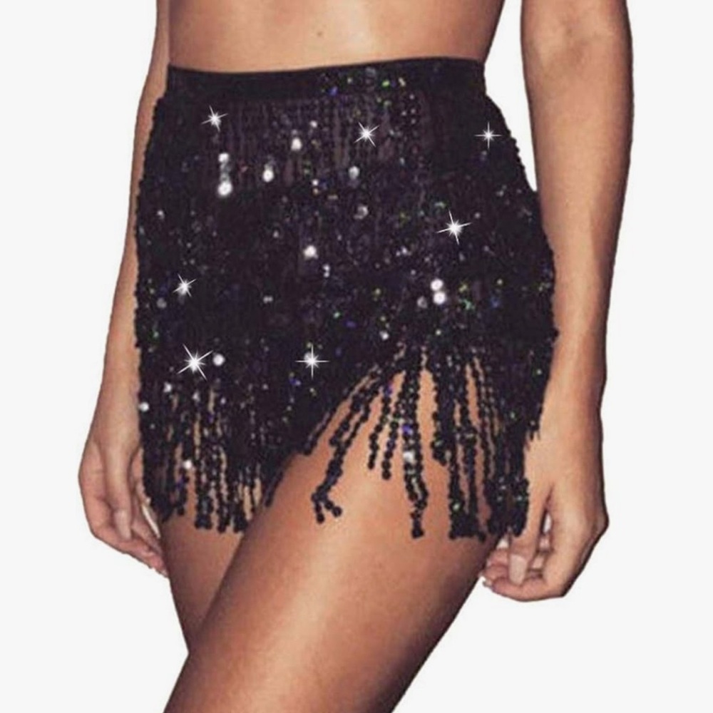 Black Sequin Fringe Mini Skirt